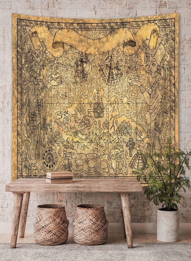 Wathon Ancient Mayan Civilization Tapestry - Vintage Aztec Map With Gods, Old Ships, Temple, Brown Symbols - Wall Hanging for Bedroom, Living Room, Dorm - Home Decor Mandala - 60X40 - Image 1
